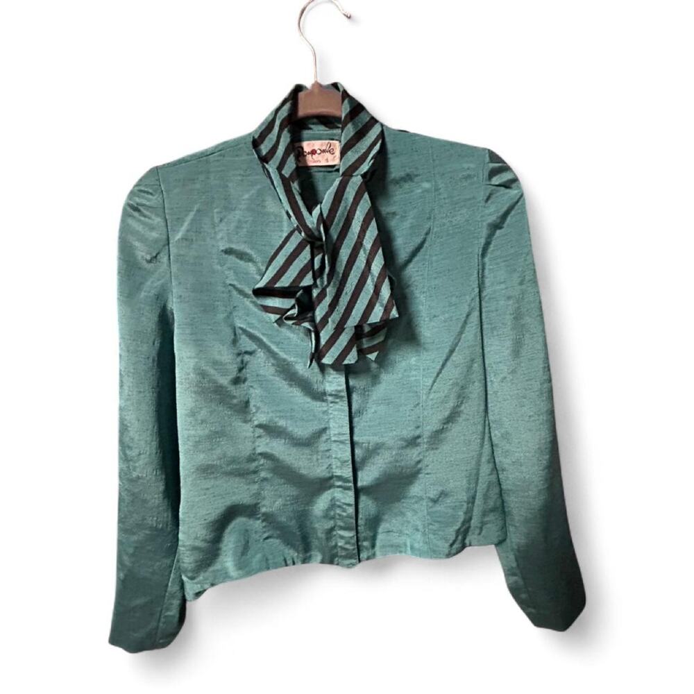 Small vintage 80s teal button-up cropped blazer style suit blouse w striped tie
